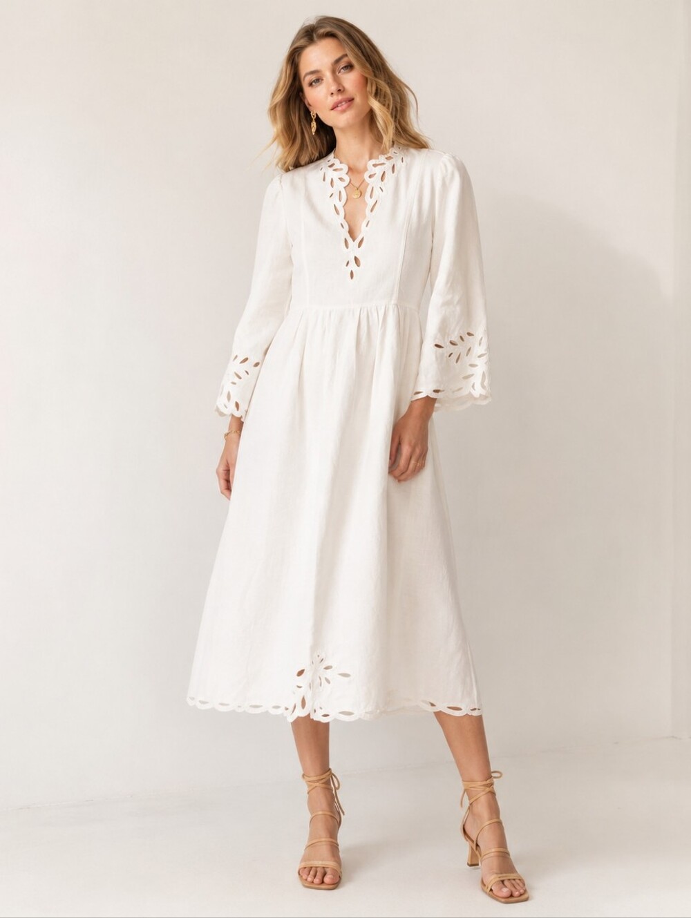 NWT Magaschoni Eyelet Midi Dress Size S White 100% Cotton